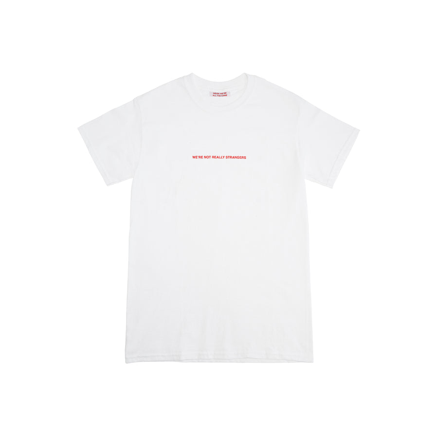 We're Not Really Strangers Mental Health Awareness Month. Front view of white You're Overthinking Again Tee with small red centered font reading 