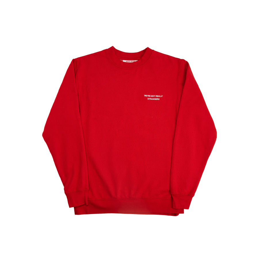 We're Not Really Strangers Red Cheat Code Crewneck laying flat
