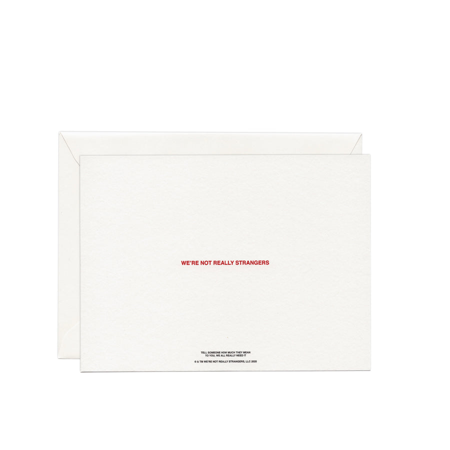 We're Not Really Strangers zoomed out back view of calling me out card with logo.