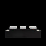Black three-roller dispenser with light gray fabric rollers and stainless steel trim on rectangular base.