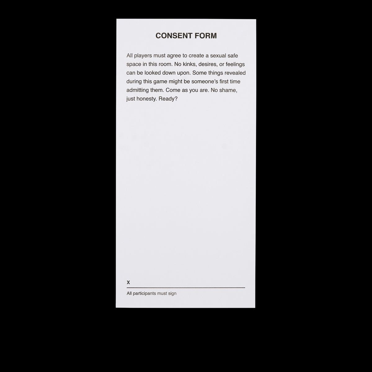 White consent form document with printed text and signature line marked with X.